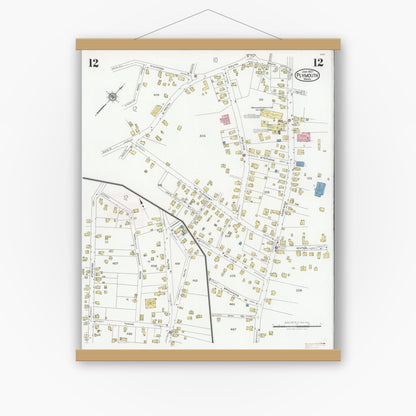 Old map wall art mockup — magnetic wood frame on white wall — Sanborn Fire Insurance Map from Plymouth, Plymouth County, Massachusetts (1927), Sheet #0012