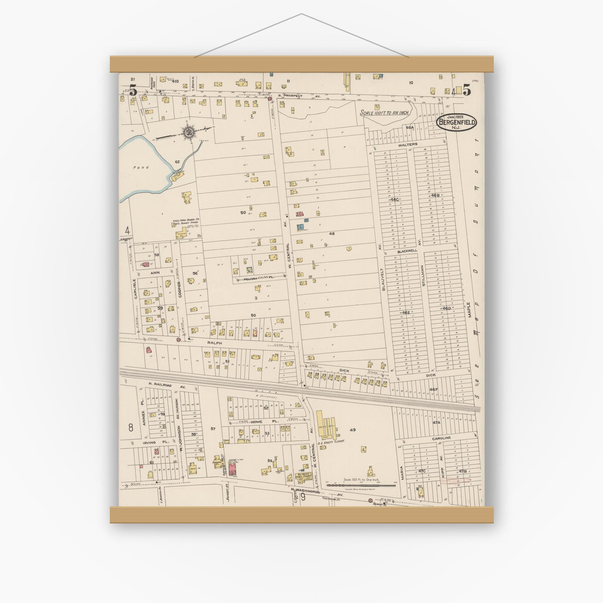 Old map wall art mockup — magnetic wood frame on white wall — Sanborn Fire Insurance Map from Bergenfield, Bergen County, New Jersey (1923), Sheet #0005