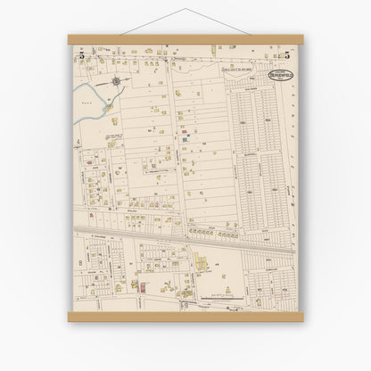 Old map wall art mockup — magnetic wood frame on white wall — Sanborn Fire Insurance Map from Bergenfield, Bergen County, New Jersey (1923), Sheet #0005