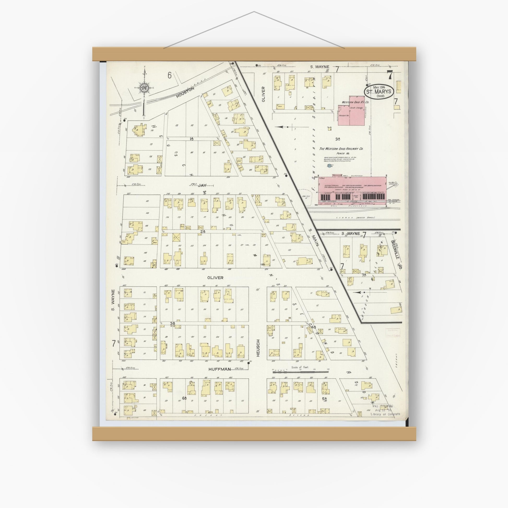 Old map wall art mockup — magnetic wood frame on white wall — Sanborn Fire Insurance Map from Saint Marys, Auglaize County, Ohio (1914), Sheet #0007