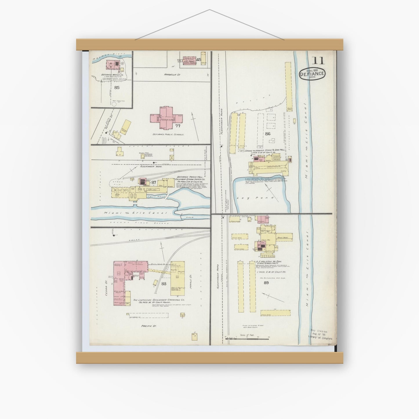 Old map wall art mockup — magnetic wood frame on white wall — Sanborn Fire Insurance Map from Defiance, Defiance County, Ohio (1893), Sheet #0011