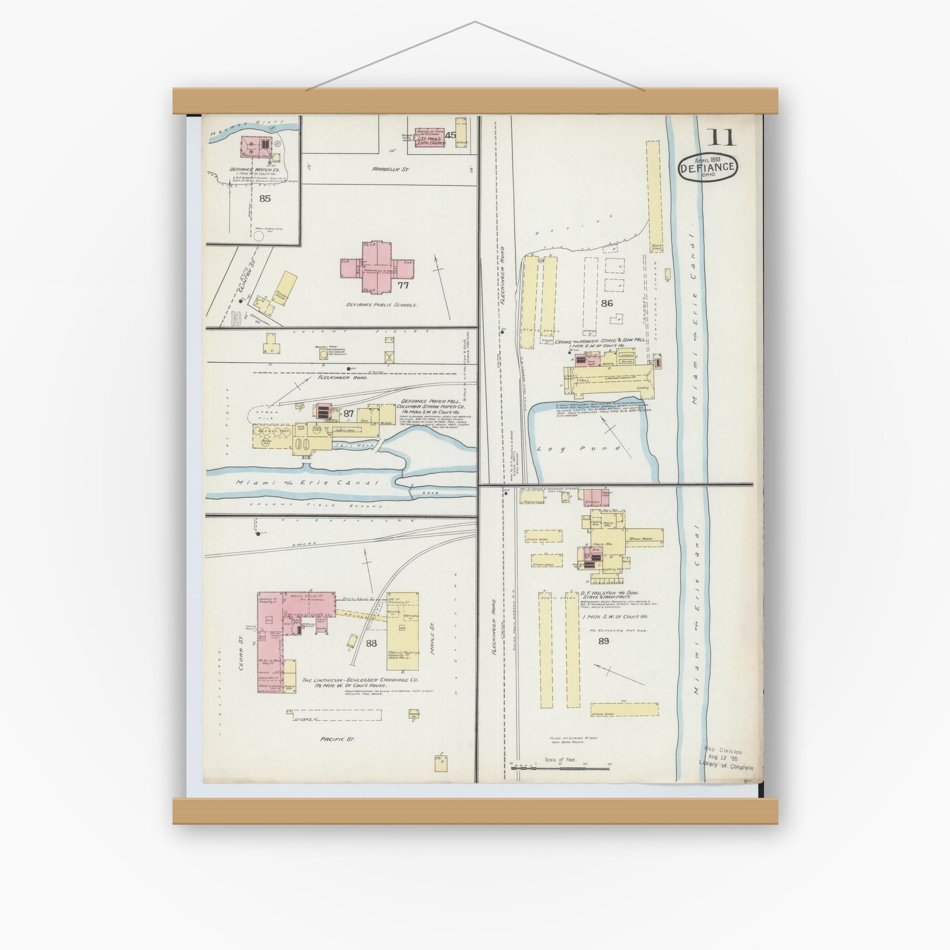 Old map wall art mockup — magnetic wood frame on white wall — Sanborn Fire Insurance Map from Defiance, Defiance County, Ohio (1893), Sheet #0011