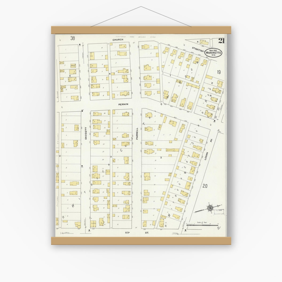 Old map wall art mockup — magnetic wood frame on white wall — Sanborn Fire Insurance Map from Marinette, Marinette County, Wisconsin (1910), Sheet #0021