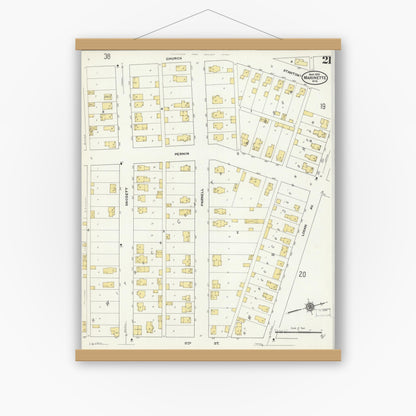 Old map wall art mockup — magnetic wood frame on white wall — Sanborn Fire Insurance Map from Marinette, Marinette County, Wisconsin (1910), Sheet #0021