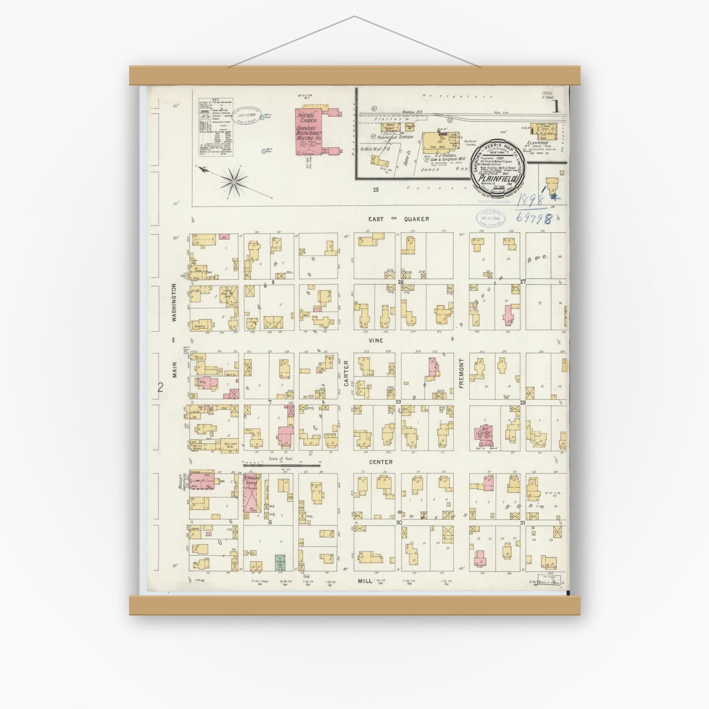 Old map wall art mockup — magnetic wood frame on white wall — Sanborn Fire Insurance Map from Plainfield, Hendricks County, Indiana (1898) - Complete Map Set
