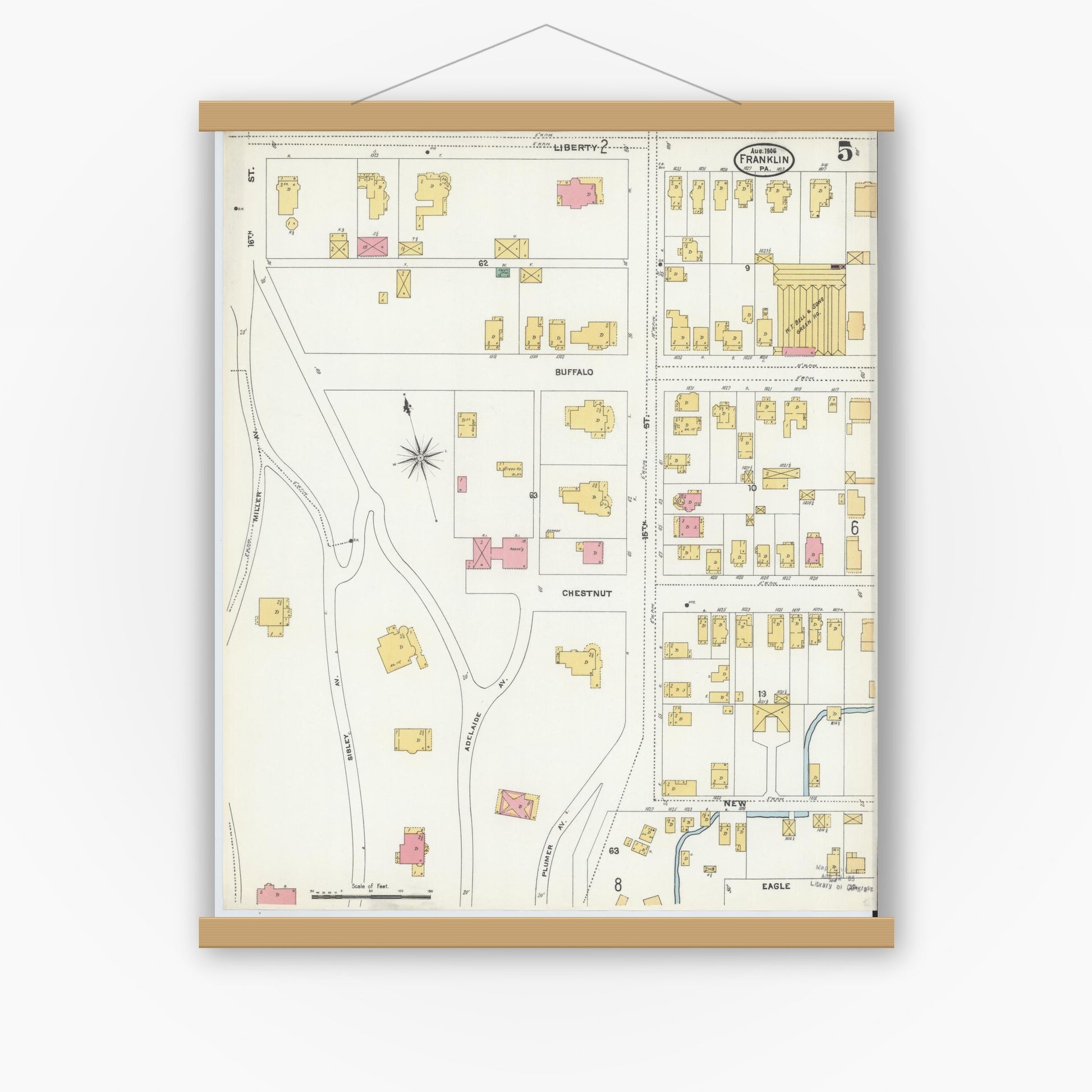 Old map wall art mockup — magnetic wood frame on white wall — Sanborn Fire Insurance Map from Franklin, Venango County, Pennsylvania (1906), Sheet #0005
