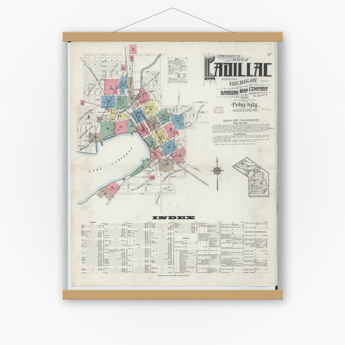 Old map wall art mockup — magnetic wood frame on white wall — Sanborn Fire Insurance Map from Cadillac, Wexford County, Michigan (1914), Sheet #0001
