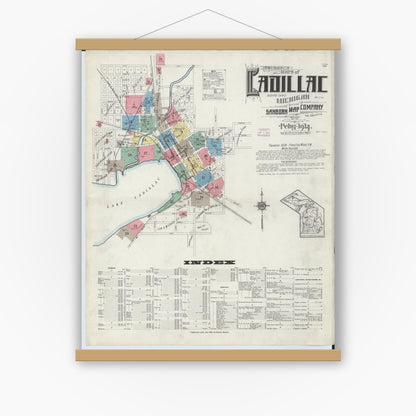 Old map wall art mockup — magnetic wood frame on white wall — Sanborn Fire Insurance Map from Cadillac, Wexford County, Michigan (1914), Sheet #0001