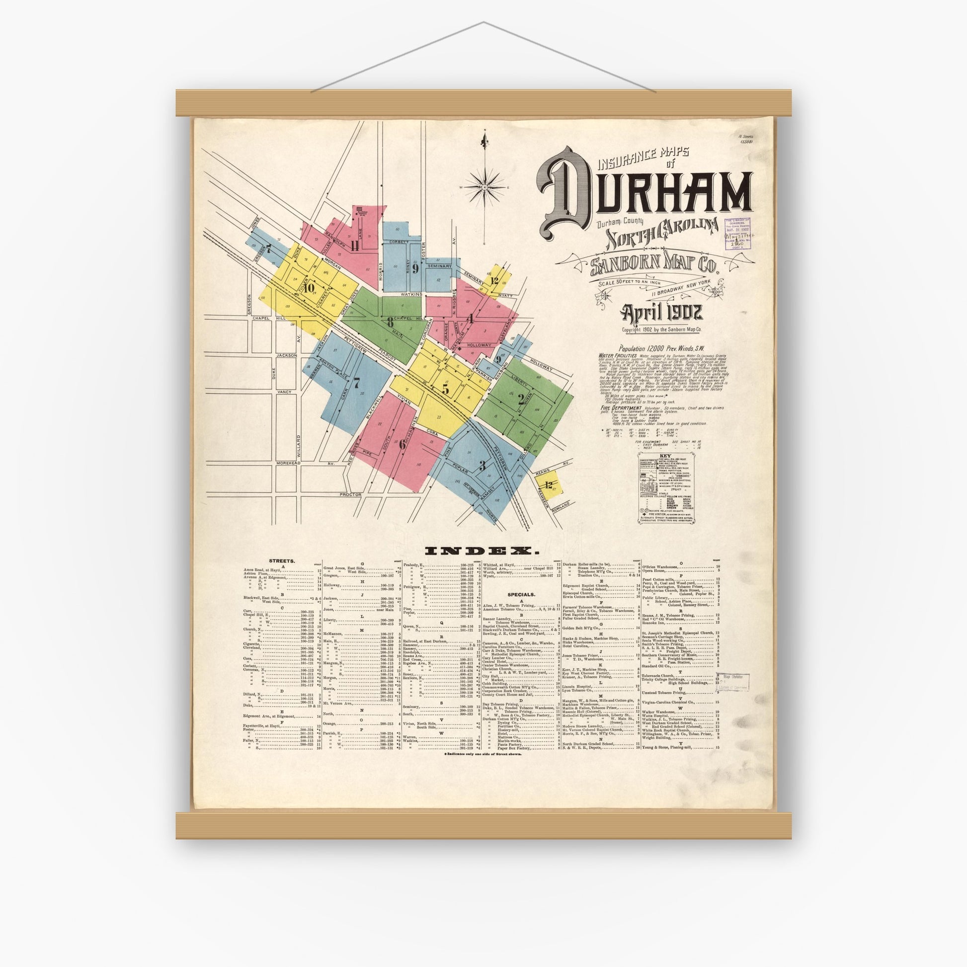 Old map wall art mockup — magnetic wood frame on white wall — Sanborn Fire Insurance Map from Durham, Durham County, North Carolina (1902), Sheet #0001