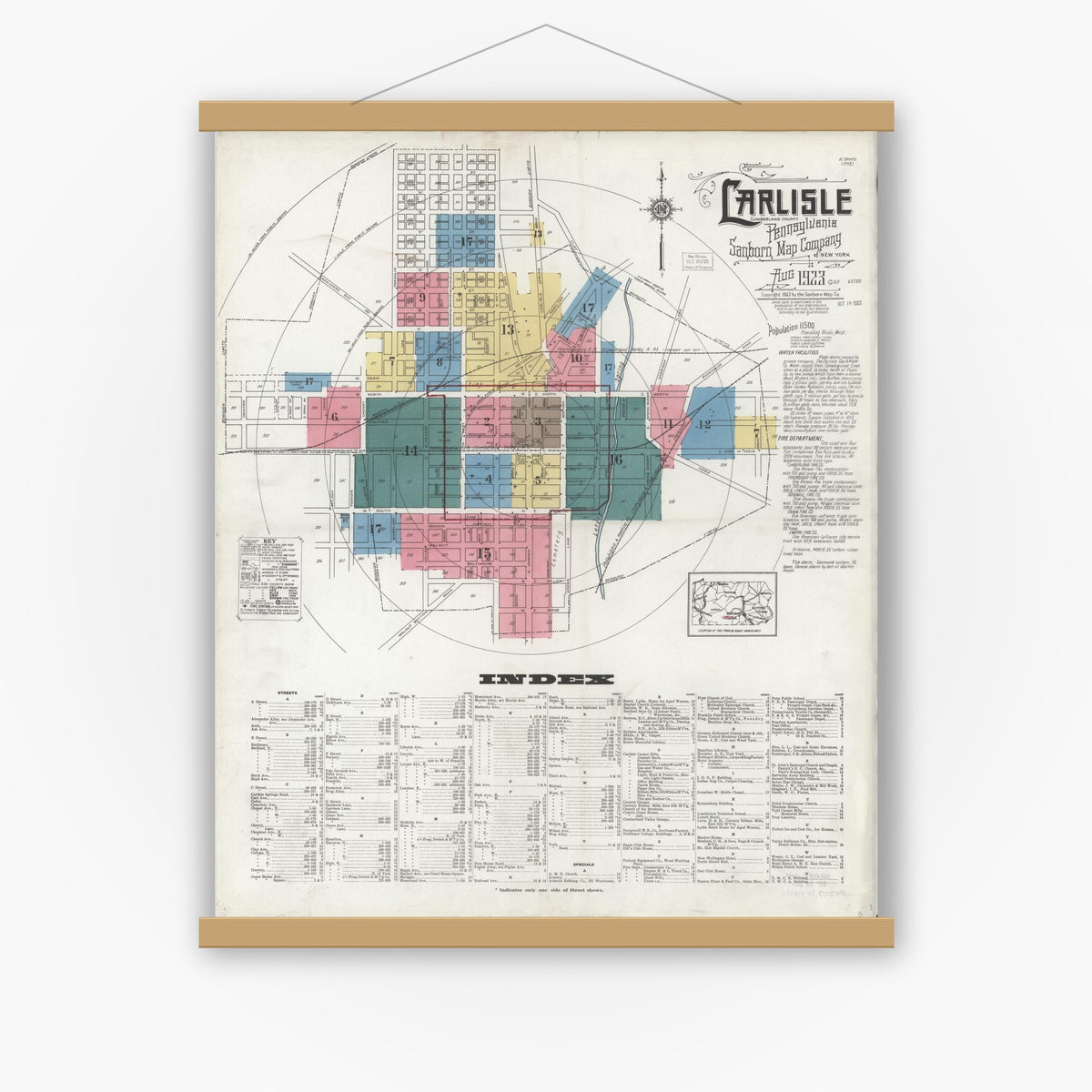 Old map wall art mockup — magnetic wood frame on white wall — Sanborn Fire Insurance Map from Carlisle, Cumberland County, Pennsylvania (1923) - Complete Map Set