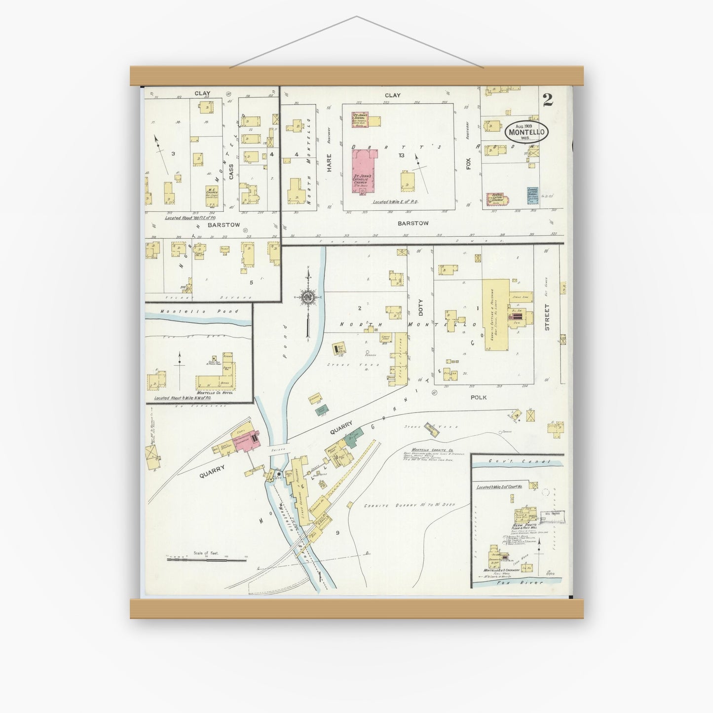Old map wall art mockup — magnetic wood frame on white wall — Sanborn Fire Insurance Map from Montello, Marquette County, Wisconsin (1909), Sheet #0002