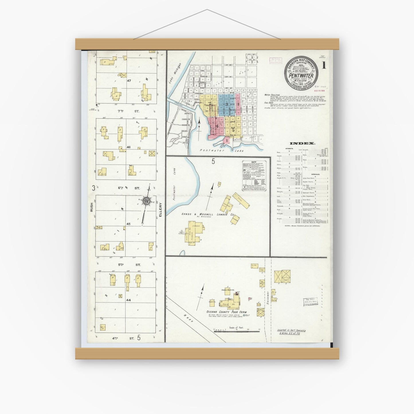 Old map wall art mockup — magnetic wood frame on white wall — Sanborn Fire Insurance Map from Pentwater, Oceana County, Michigan (1910) - Complete Map Set