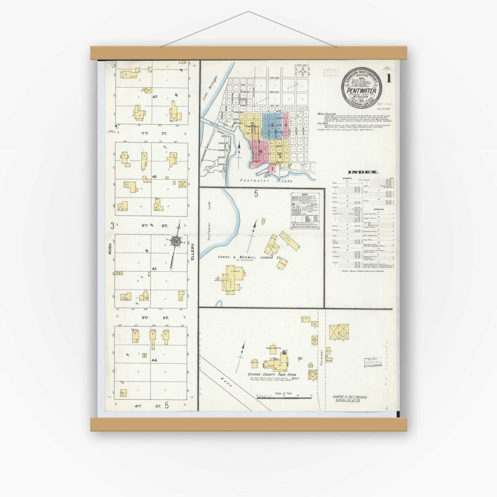 Old map wall art mockup — magnetic wood frame on white wall — Sanborn Fire Insurance Map from Pentwater, Oceana County, Michigan (1910) - Complete Map Set