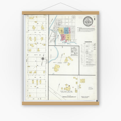 Old map wall art mockup — magnetic wood frame on white wall — Sanborn Fire Insurance Map from Pentwater, Oceana County, Michigan (1910) - Complete Map Set