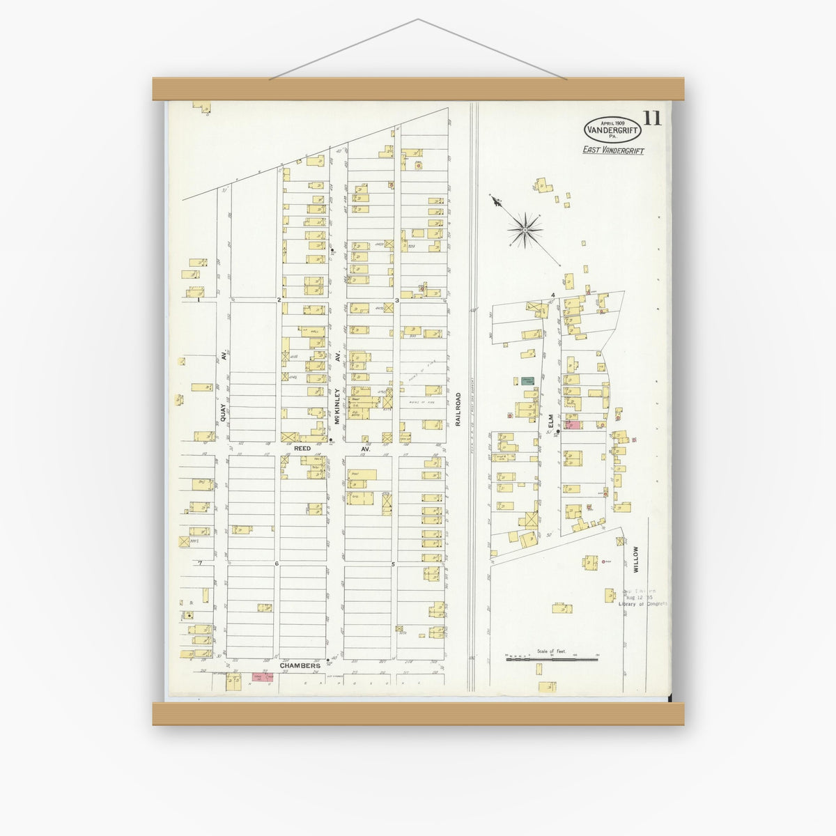 Old map wall art mockup — magnetic wood frame on white wall — Sanborn Fire Insurance Map from Vandergrift, Westmoreland County, Pennsylvania (1909), Sheet #0011