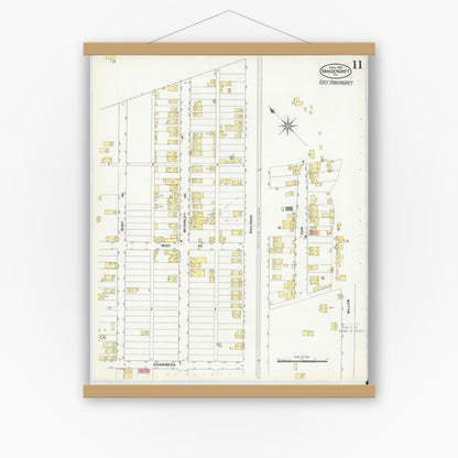 Old map wall art mockup — magnetic wood frame on white wall — Sanborn Fire Insurance Map from Vandergrift, Westmoreland County, Pennsylvania (1909), Sheet #0011