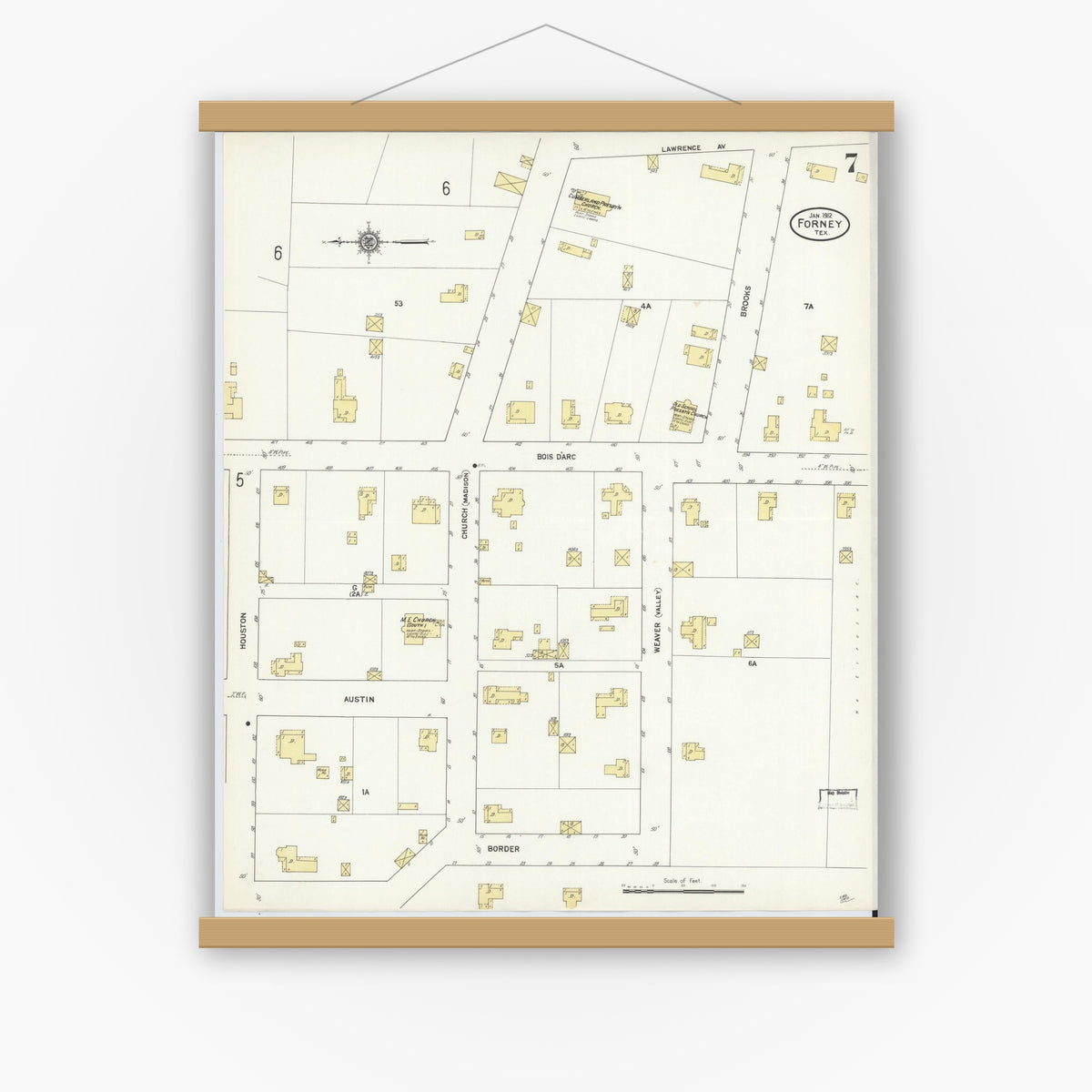 Old map wall art mockup — magnetic wood frame on white wall — Sanborn Fire Insurance Map from Forney, Kaufman County, Texas (1912), Sheet #0007