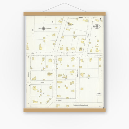 Old map wall art mockup — magnetic wood frame on white wall — Sanborn Fire Insurance Map from Forney, Kaufman County, Texas (1912), Sheet #0007