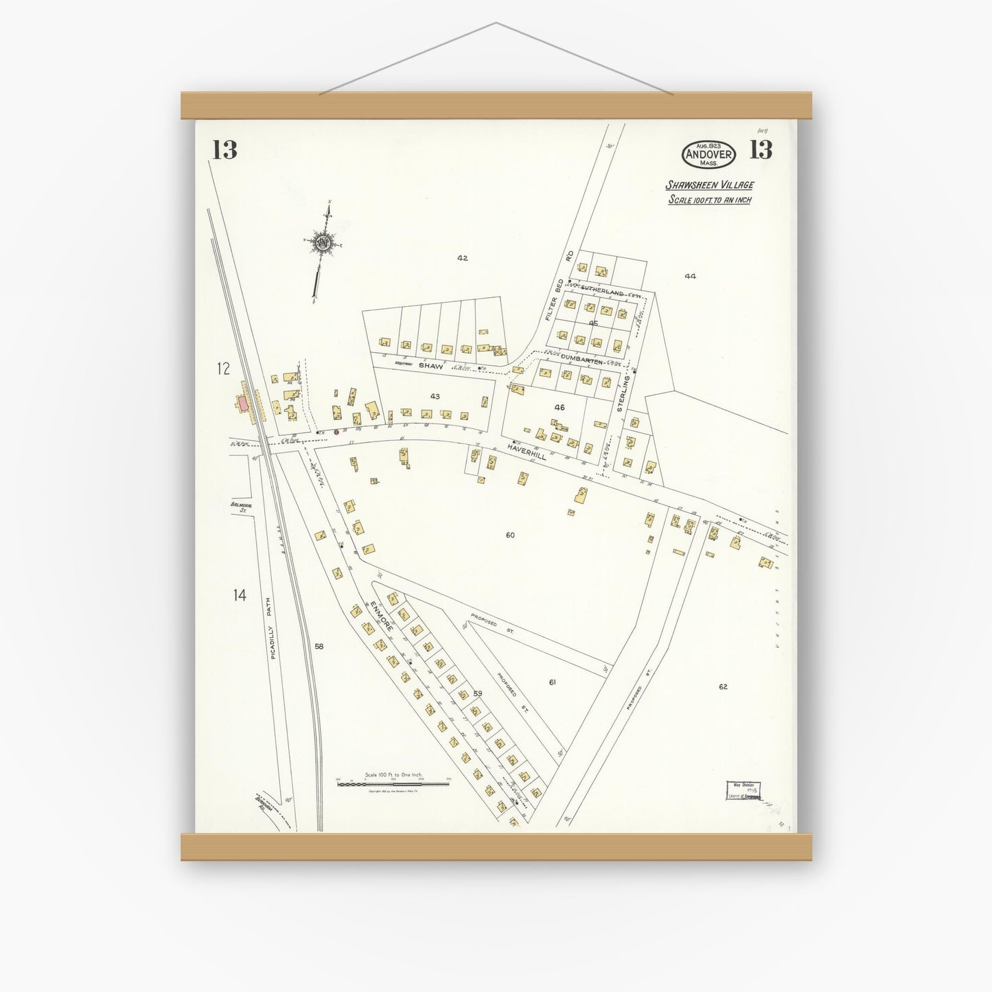 Old map wall art mockup — magnetic wood frame on white wall — Sanborn Fire Insurance Map from Andover, Essex County, Massachusetts (1923), Sheet #0013