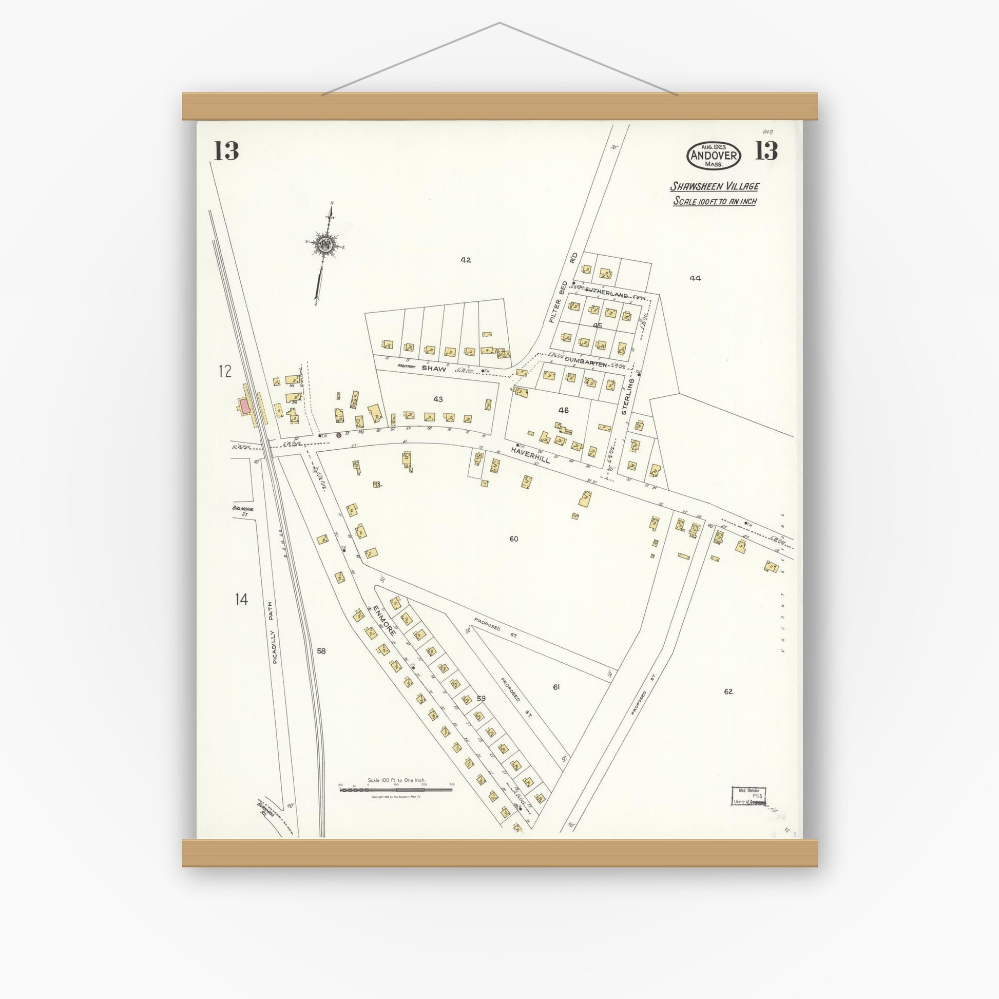 Old map wall art mockup — magnetic wood frame on white wall — Sanborn Fire Insurance Map from Andover, Essex County, Massachusetts (1923), Sheet #0013