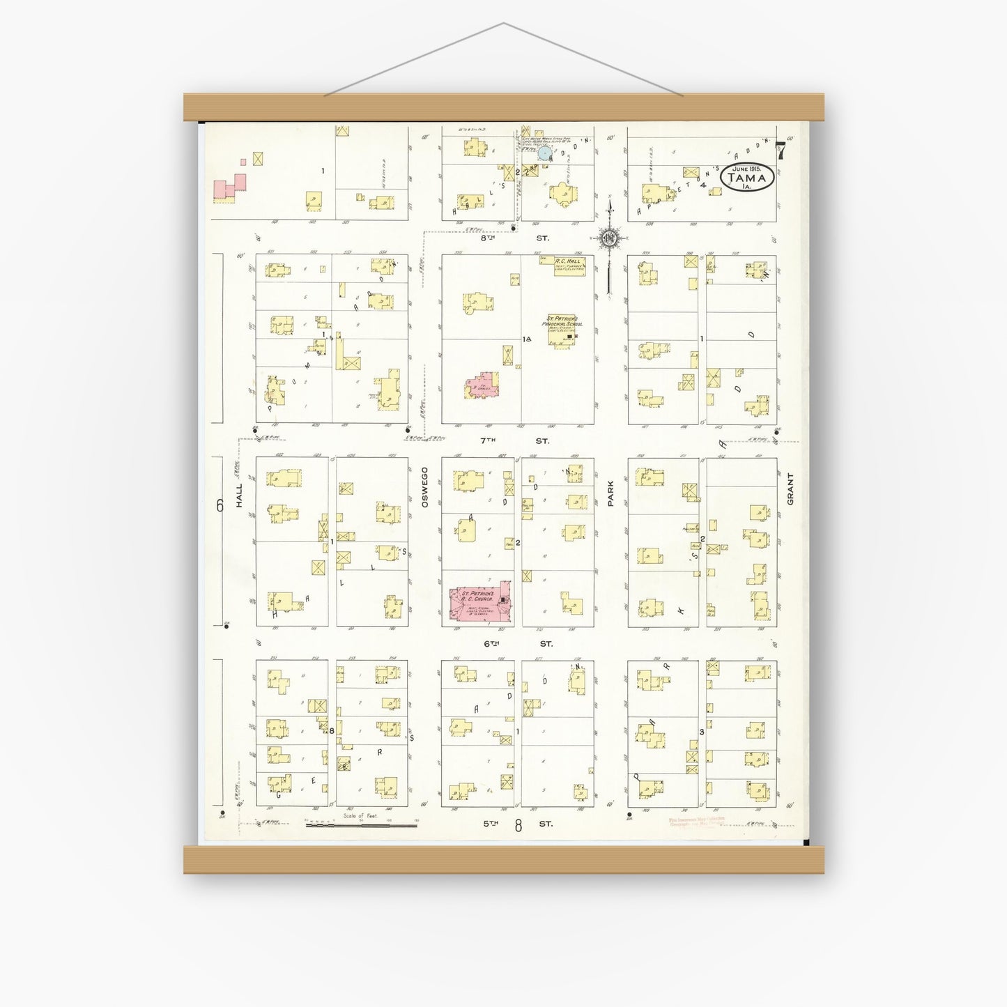 Old map wall art mockup — magnetic wood frame on white wall — Sanborn Fire Insurance Map from Tama, Tama County, Iowa (1915), Sheet #0007