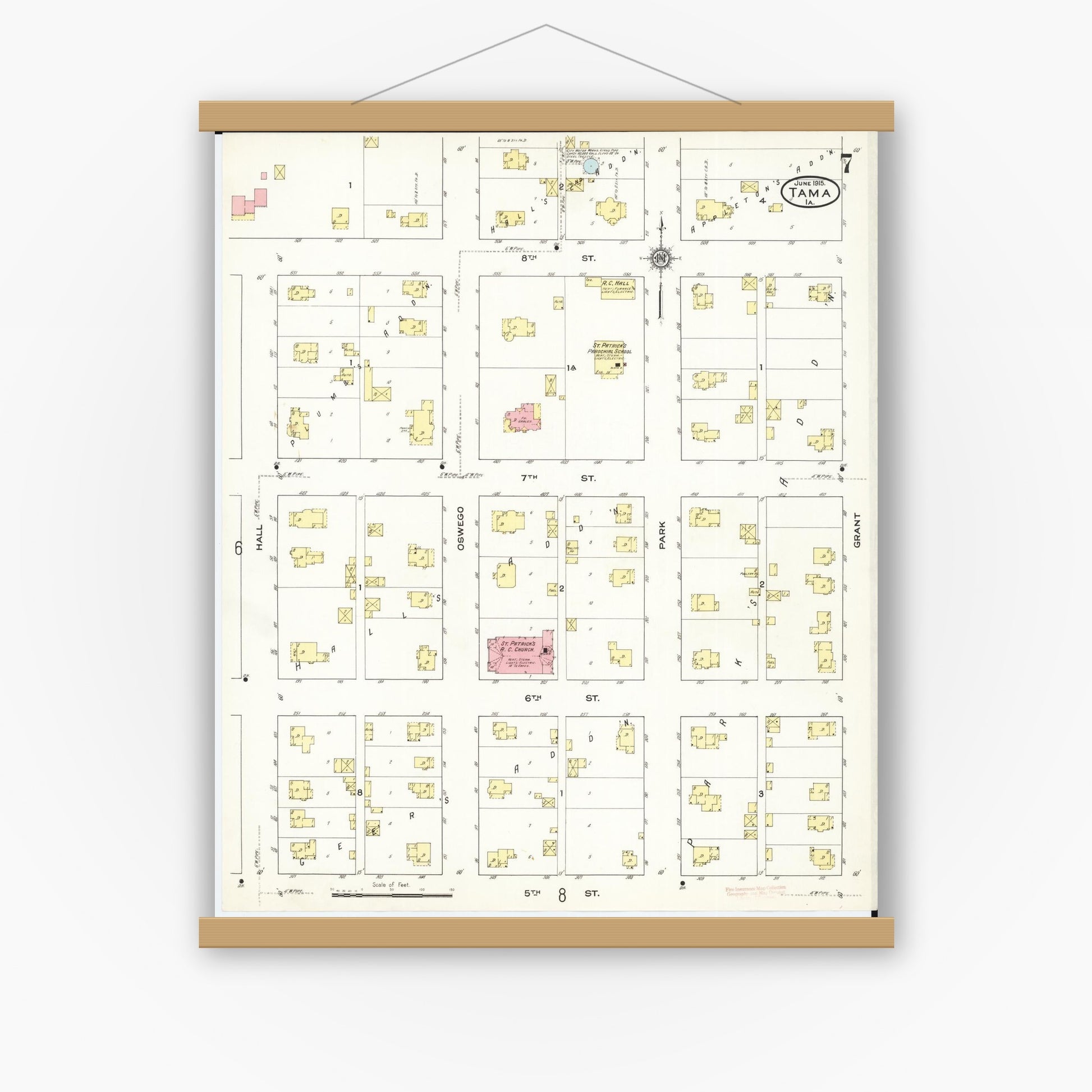 Old map wall art mockup — magnetic wood frame on white wall — Sanborn Fire Insurance Map from Tama, Tama County, Iowa (1915), Sheet #0007