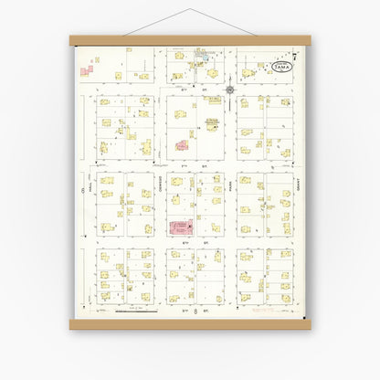 Old map wall art mockup — magnetic wood frame on white wall — Sanborn Fire Insurance Map from Tama, Tama County, Iowa (1915), Sheet #0007