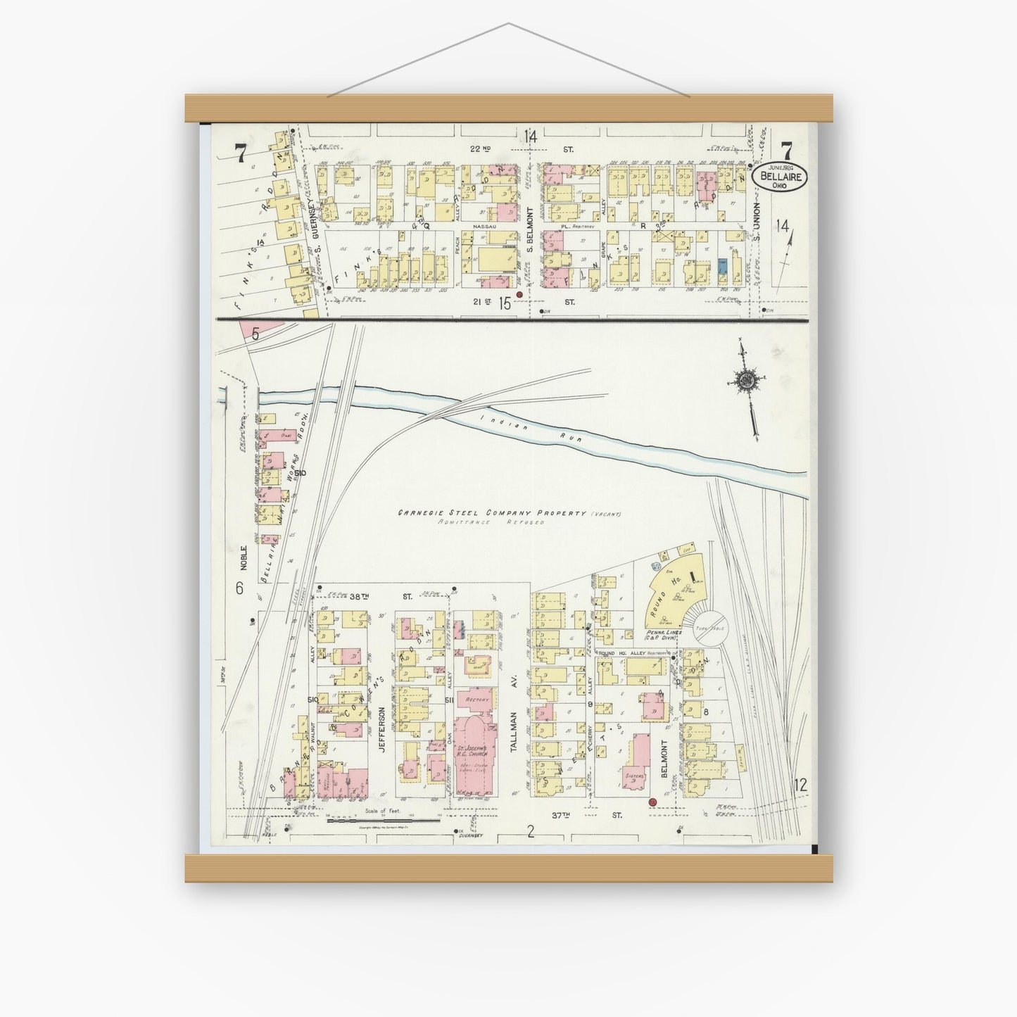 Old map wall art mockup — magnetic wood frame on white wall — Sanborn Fire Insurance Map from Bellaire, Belmont County, Ohio (1924), Sheet #0007