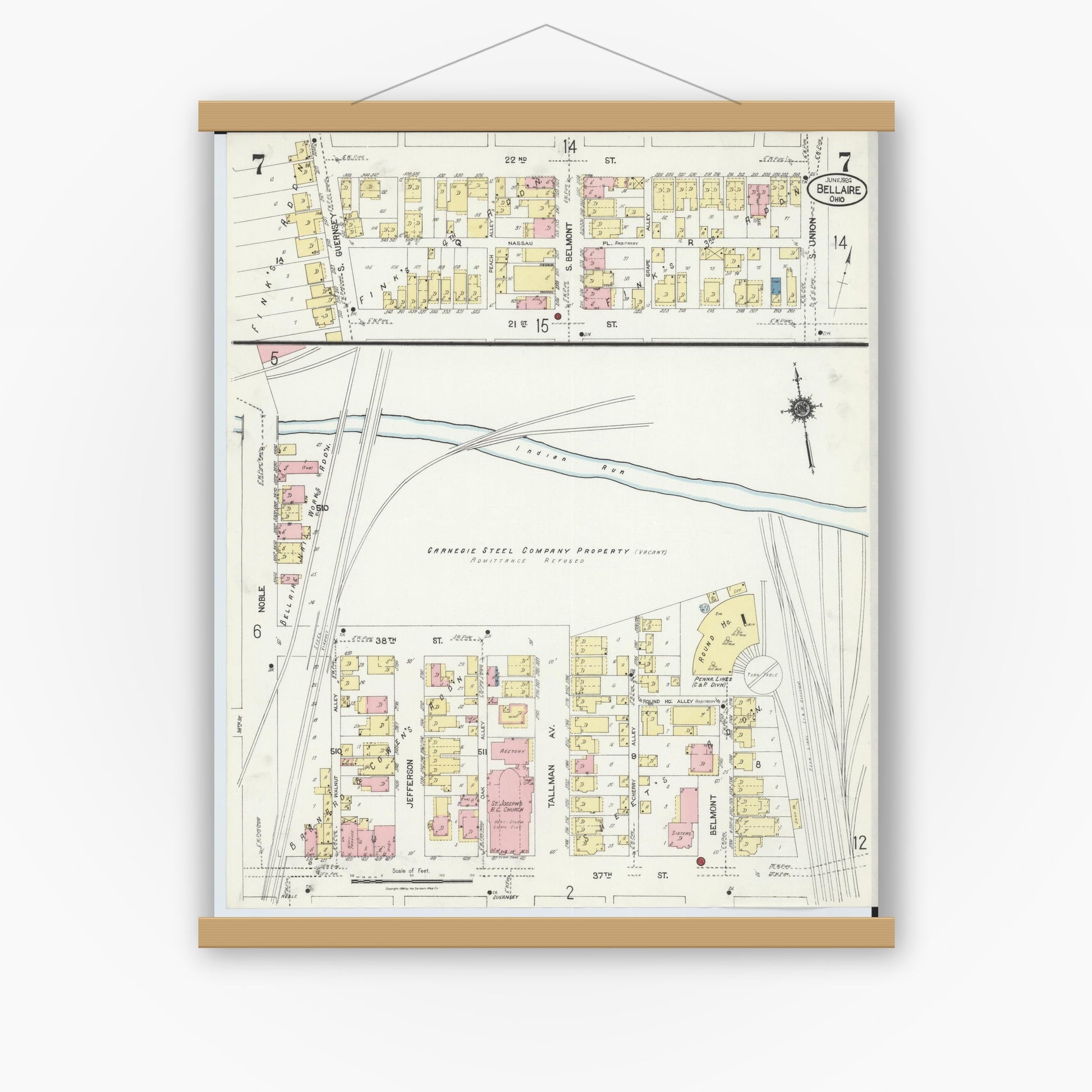 Old map wall art mockup — magnetic wood frame on white wall — Sanborn Fire Insurance Map from Bellaire, Belmont County, Ohio (1924), Sheet #0007
