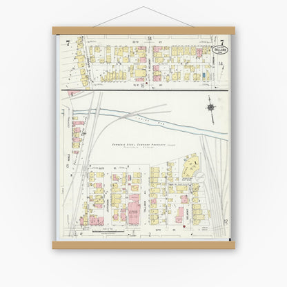 Old map wall art mockup — magnetic wood frame on white wall — Sanborn Fire Insurance Map from Bellaire, Belmont County, Ohio (1924), Sheet #0007