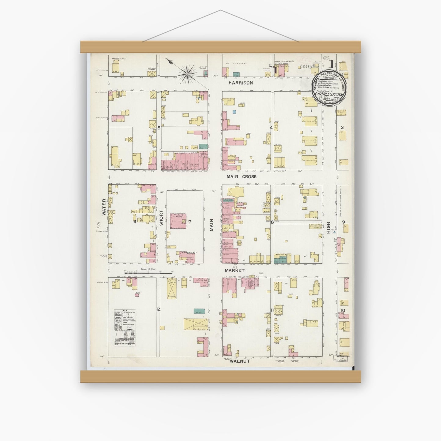 Old map wall art mockup — magnetic wood frame on white wall — Sanborn Fire Insurance Map from Charlestown, Clark County, Indiana (1892) - Complete Map Set