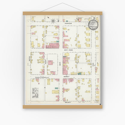Old map wall art mockup — magnetic wood frame on white wall — Sanborn Fire Insurance Map from Charlestown, Clark County, Indiana (1892) - Complete Map Set