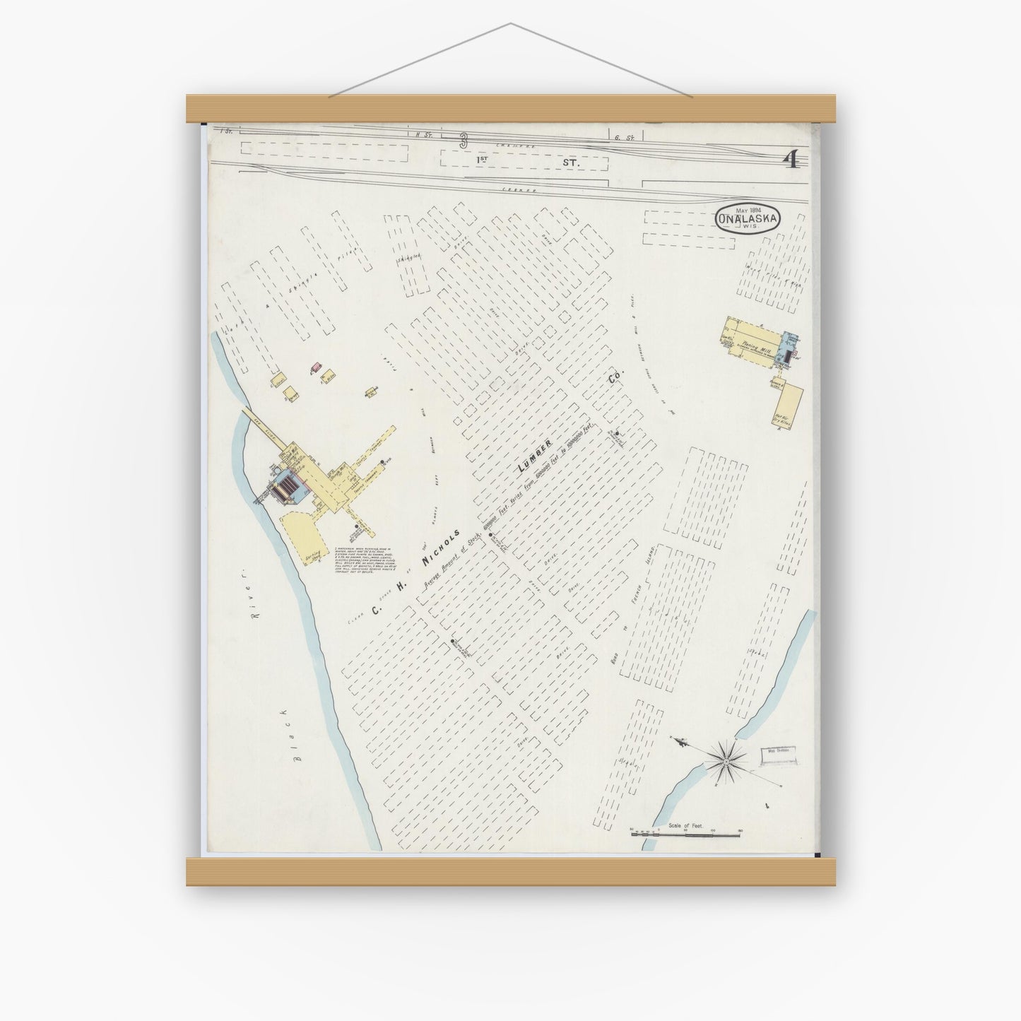 Old map wall art mockup — magnetic wood frame on white wall — Sanborn Fire Insurance Map from Onalaska, La Crosse County, Wisconsin (1894), Sheet #0004