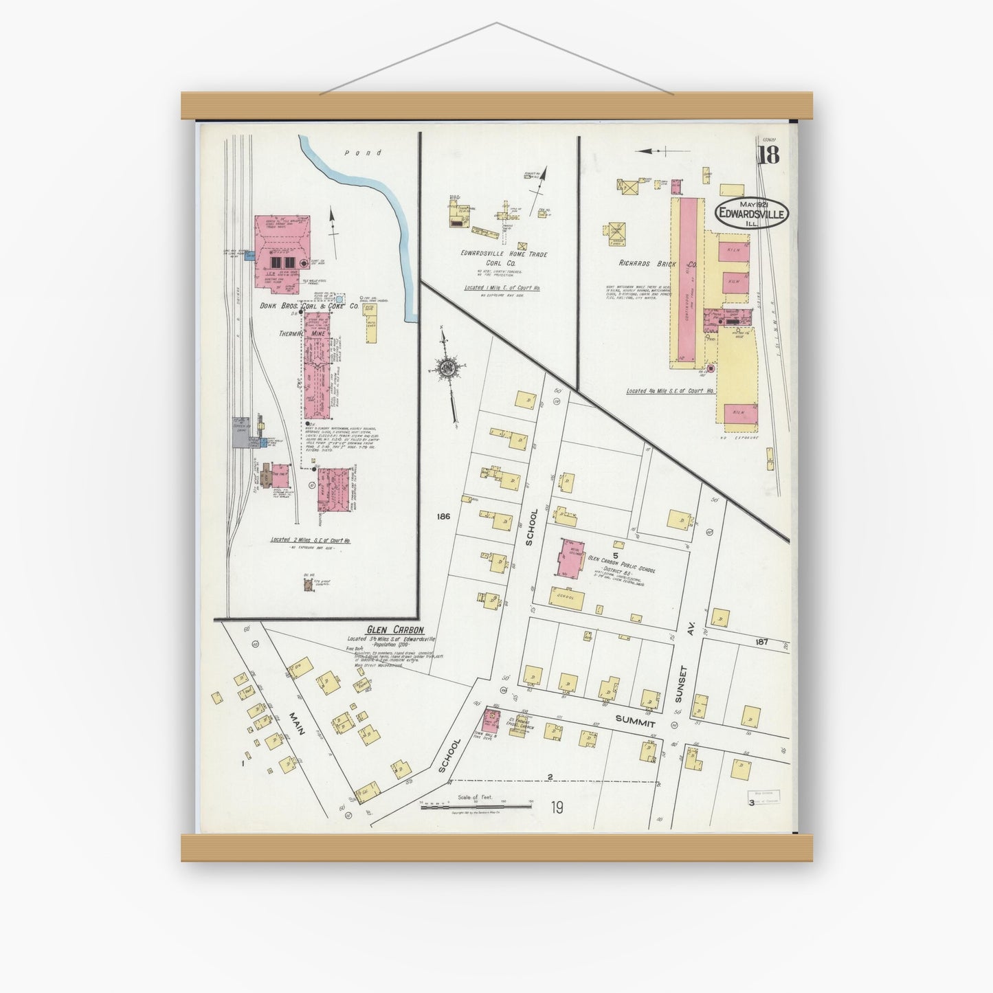 Old map wall art mockup — magnetic wood frame on white wall — Sanborn Fire Insurance Map from Edwardsville, Madison County, Illinois (1921), Sheet #0018