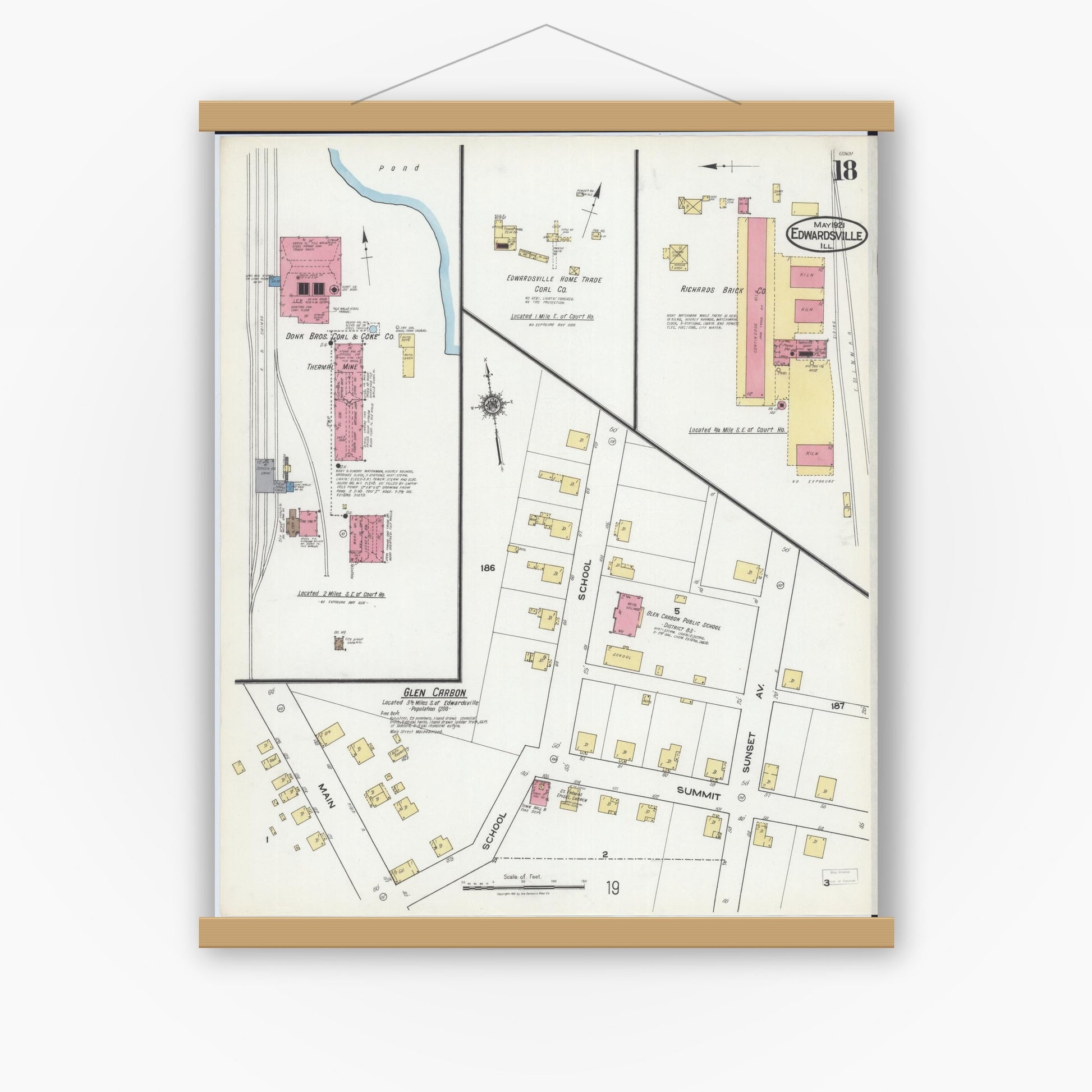 Old map wall art mockup — magnetic wood frame on white wall — Sanborn Fire Insurance Map from Edwardsville, Madison County, Illinois (1921), Sheet #0018