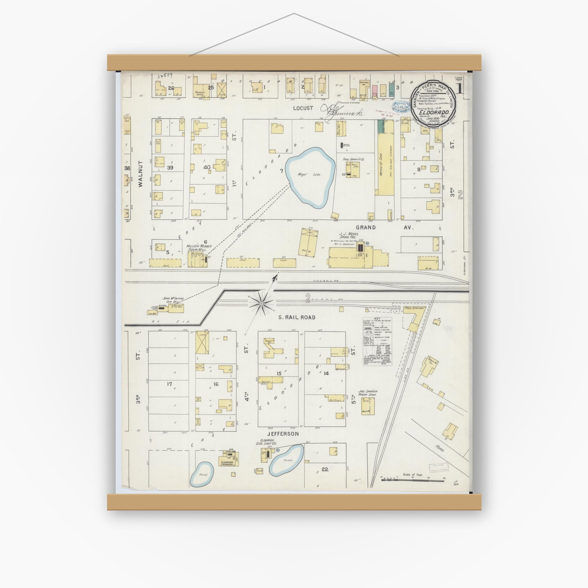 Old map wall art mockup — magnetic wood frame on white wall — Sanborn Fire Insurance Map from Eldorado, Saline County, Illinois (1894), Sheet #0001
