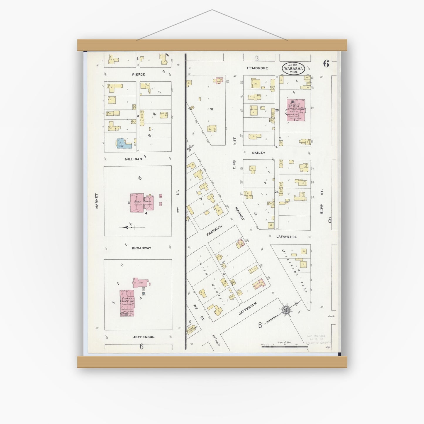 Old map wall art mockup — magnetic wood frame on white wall — Sanborn Fire Insurance Map from Wabasha, Wabasha County, Minnesota (1910), Sheet #0006