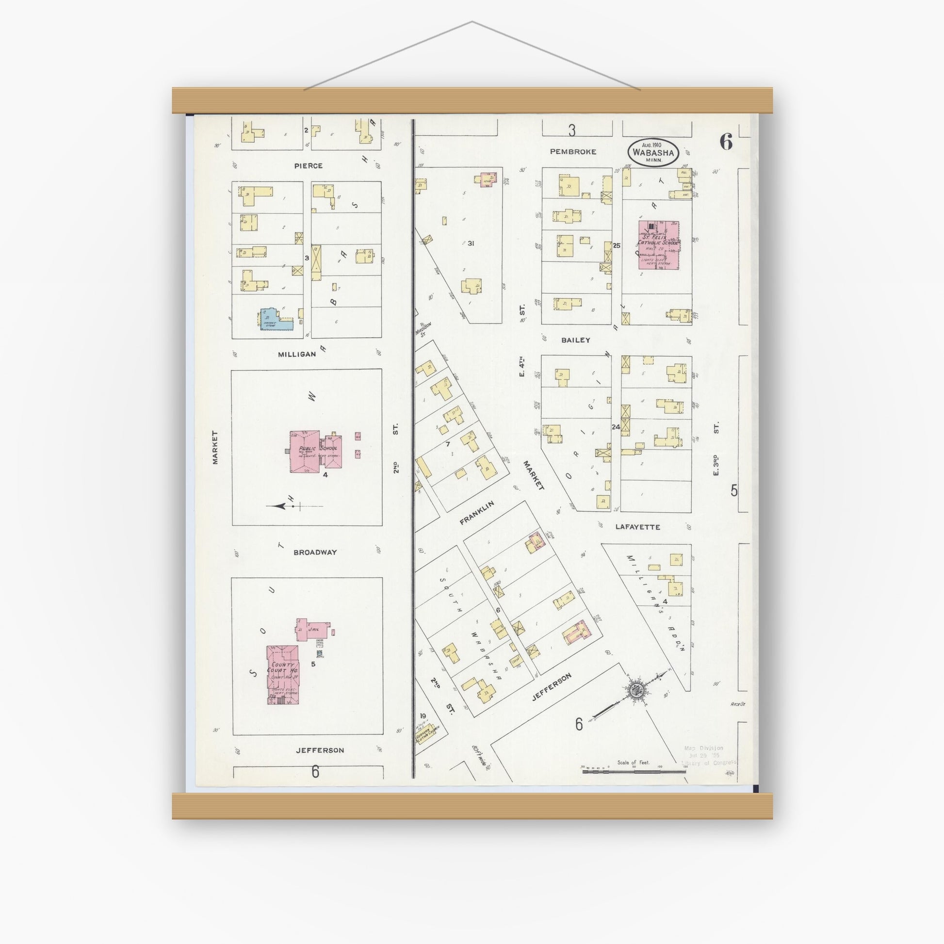 Old map wall art mockup — magnetic wood frame on white wall — Sanborn Fire Insurance Map from Wabasha, Wabasha County, Minnesota (1910), Sheet #0006