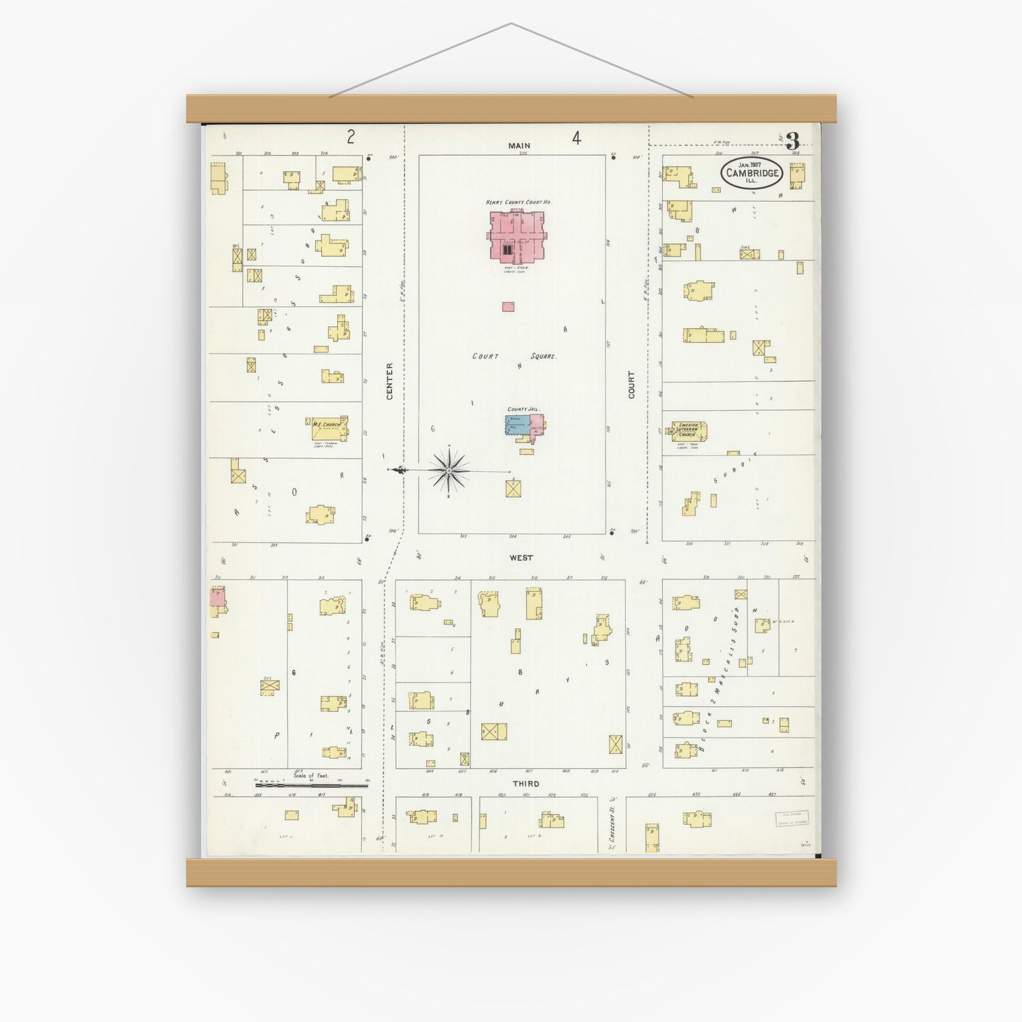 Old map wall art mockup — magnetic wood frame on white wall — Sanborn Fire Insurance Map from Cambridge, Henry County, Illinois (1907), Sheet #0003