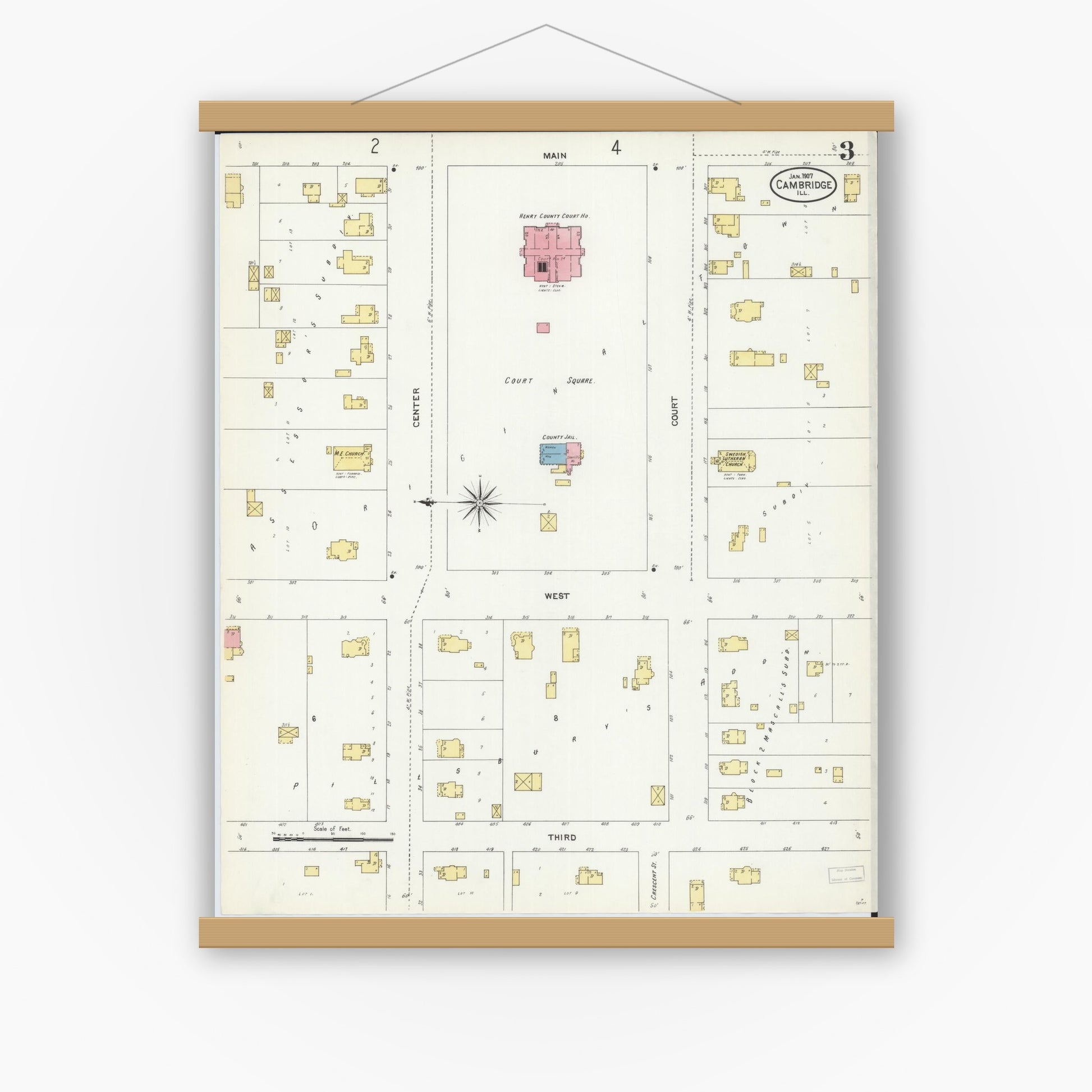 Old map wall art mockup — magnetic wood frame on white wall — Sanborn Fire Insurance Map from Cambridge, Henry County, Illinois (1907), Sheet #0003