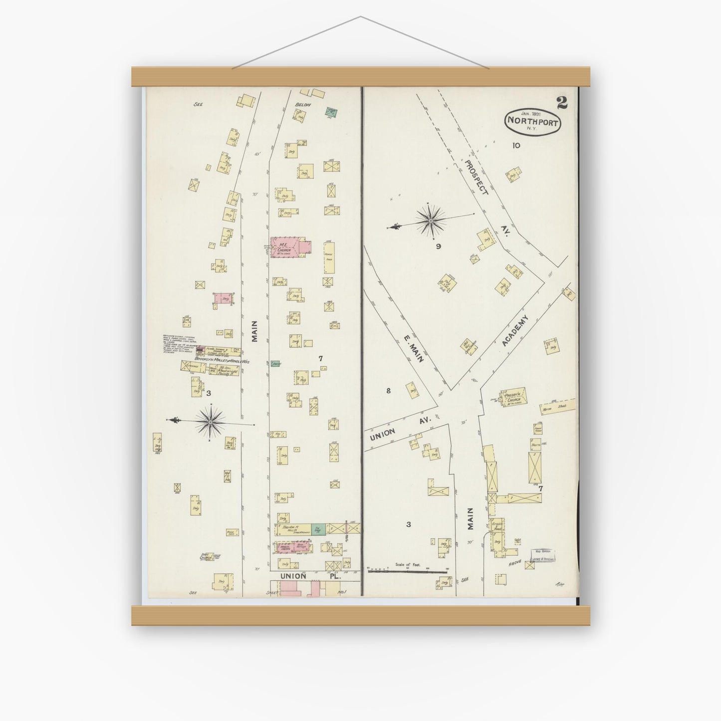 Old map wall art mockup — magnetic wood frame on white wall — Sanborn Fire Insurance Map from Northport, Suffolk County, New York (1891), Sheet #0002