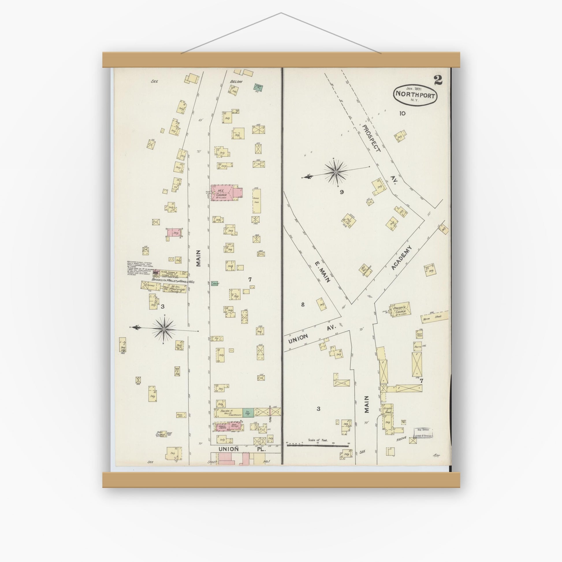 Old map wall art mockup — magnetic wood frame on white wall — Sanborn Fire Insurance Map from Northport, Suffolk County, New York (1891), Sheet #0002
