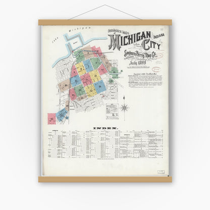 Old map wall art mockup — magnetic wood frame on white wall — Sanborn Fire Insurance Map from Michigan City, La Porte County, Indiana (1899), Sheet #0001