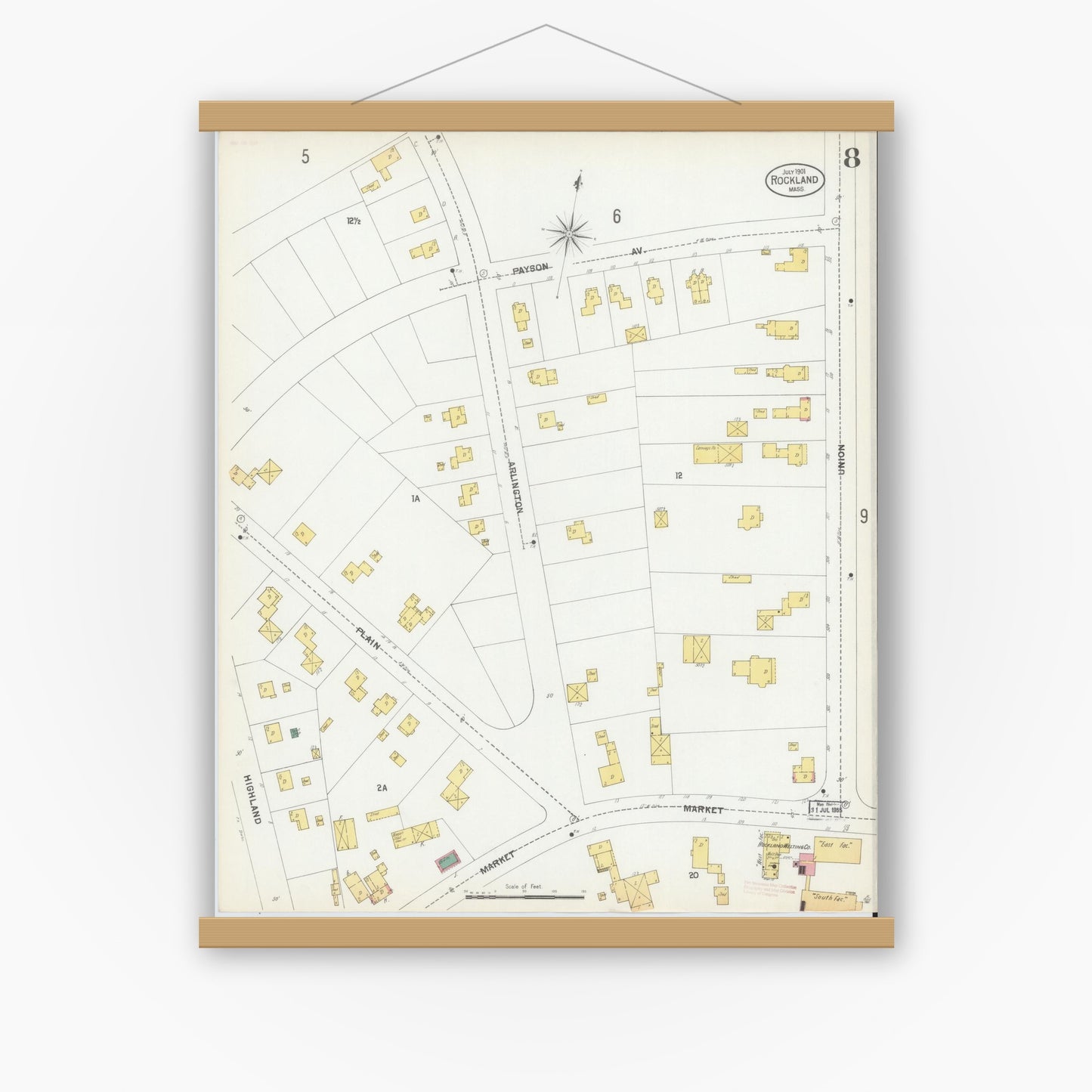 Old map wall art mockup — magnetic wood frame on white wall — Sanborn Fire Insurance Map from Rockland, Plymouth County, Massachusetts (1901), Sheet #0008