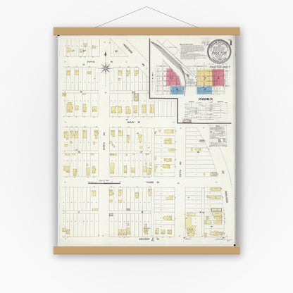 Old map wall art mockup — magnetic wood frame on white wall — Sanborn Fire Insurance Map from Proctor, Saint Louis County, Minnesota (1908), Sheet #0001