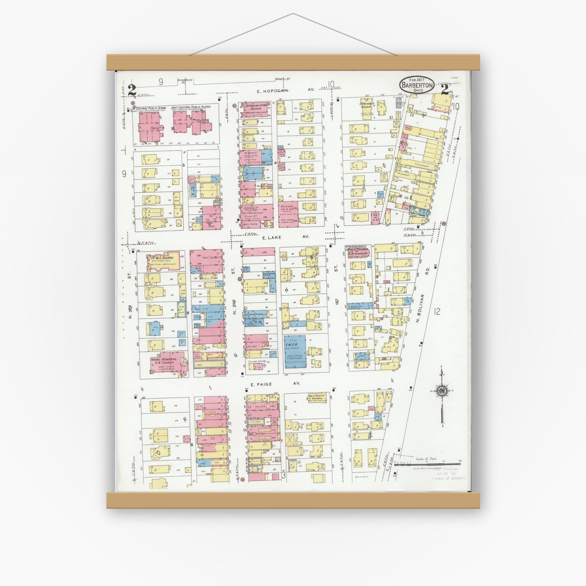 Old map wall art mockup — magnetic wood frame on white wall — Sanborn Fire Insurance Map from Barberton, Summit County, Ohio (1927), Sheet #0002