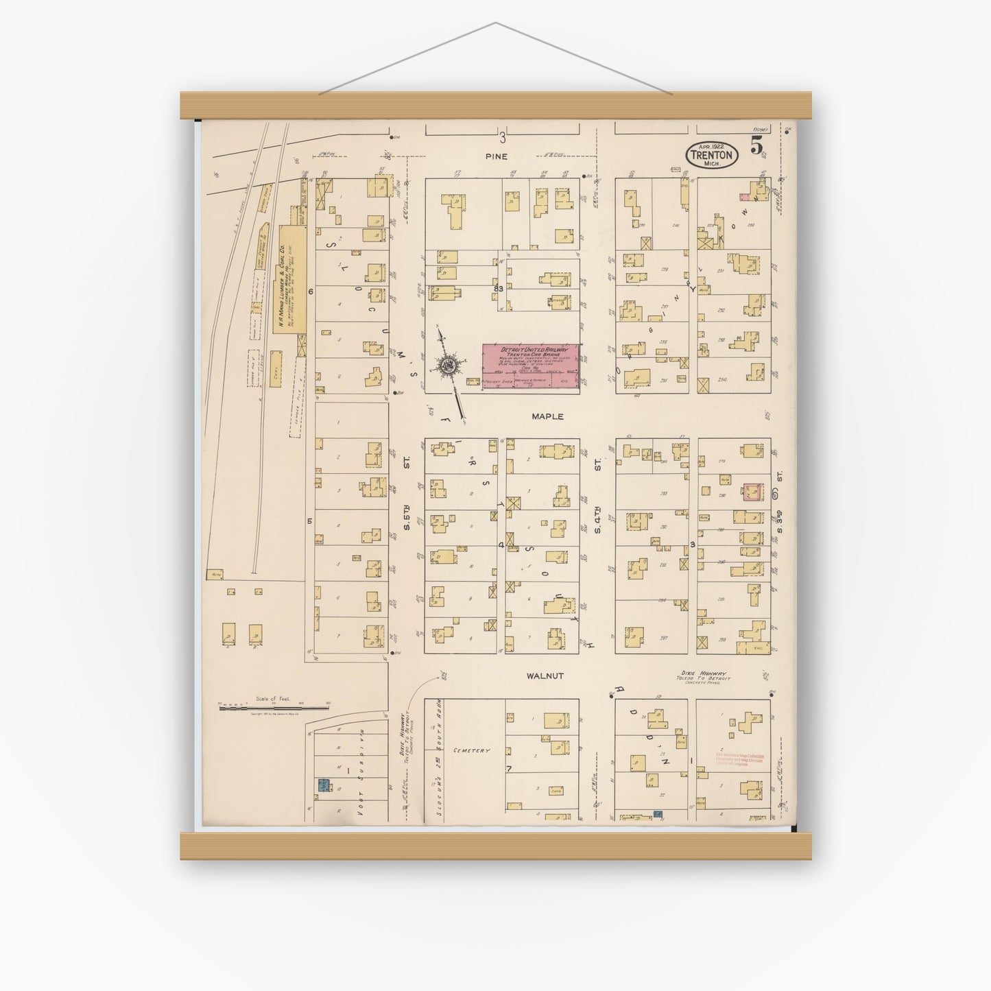 Old map wall art mockup — magnetic wood frame on white wall — Sanborn Fire Insurance Map from Trenton, Wayne County, Michigan (1922), Sheet #0005