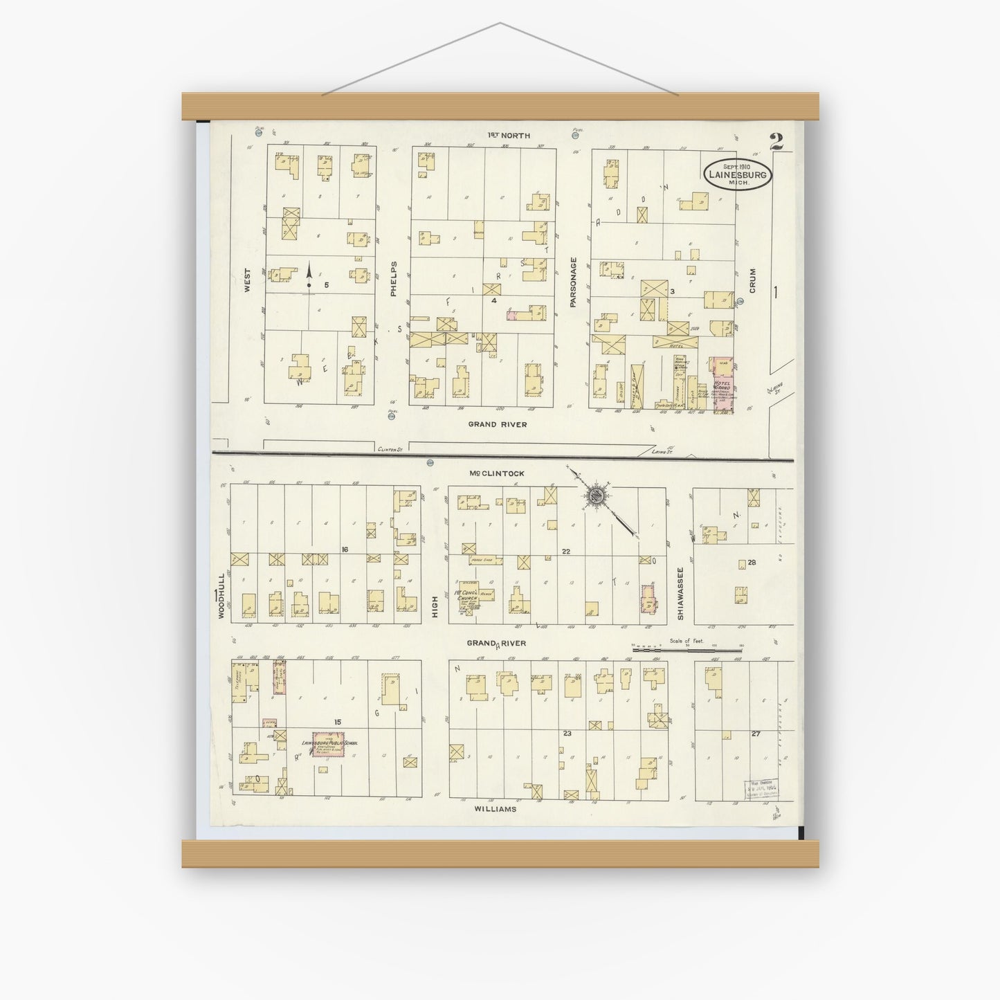 Old map wall art mockup — magnetic wood frame on white wall — Sanborn Fire Insurance Map from Laingsburg, Shiawassee County, Michigan (1910), Sheet #0002