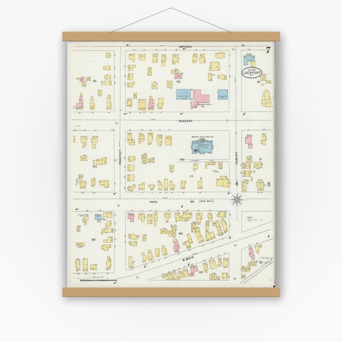 Old map wall art mockup — magnetic wood frame on white wall — Sanborn Fire Insurance Map from Lockport, Niagara County, New York (1898), Sheet #0007