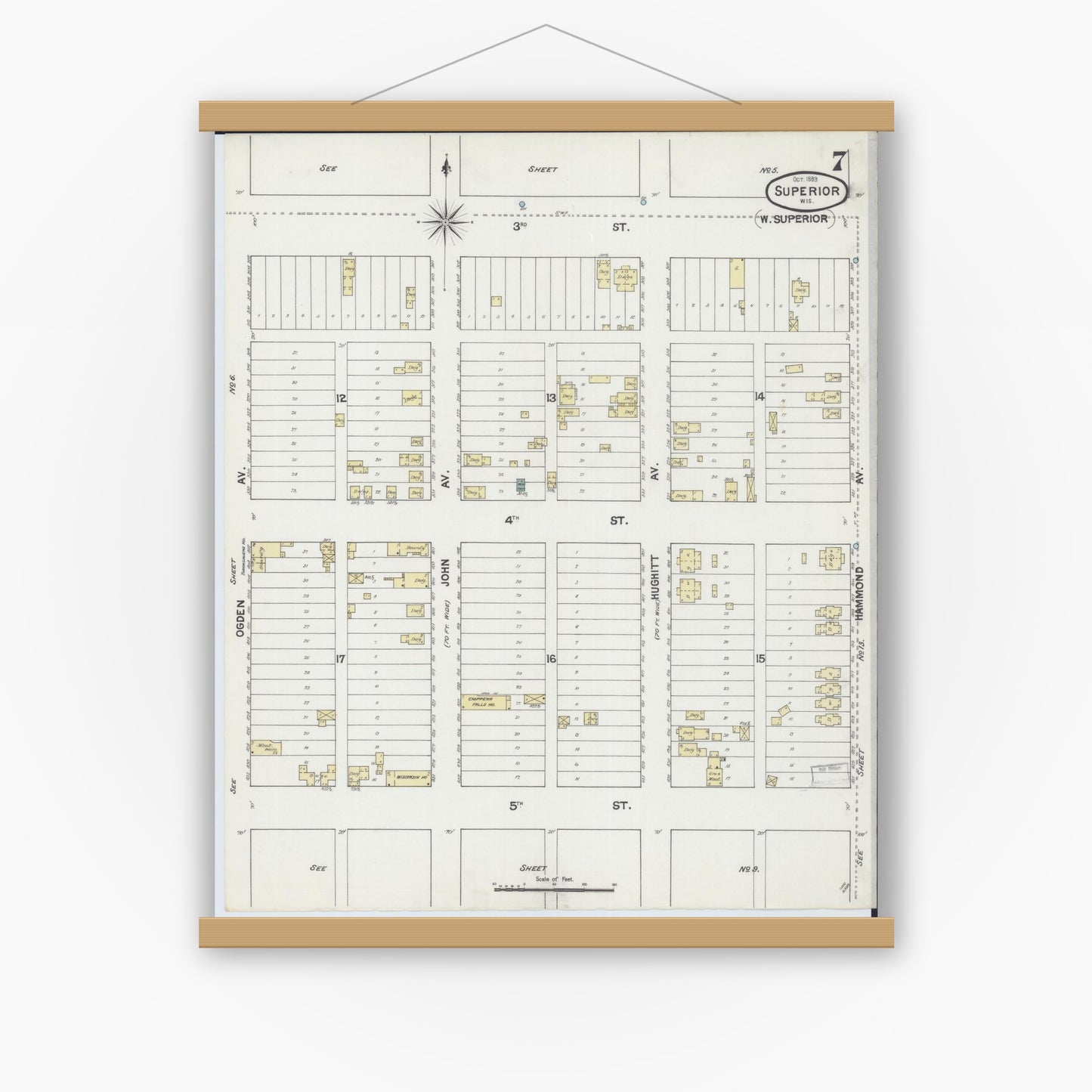 Old map wall art mockup — magnetic wood frame on white wall — Sanborn Fire Insurance Map from Superior, Douglas County, Wisconsin (1889), Sheet #0007